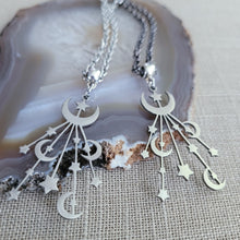Load image into Gallery viewer, Celestial Moon and Stars Necklace, Your Choice of Gunmetal or Silver Rolo Chain