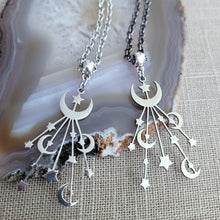 Load image into Gallery viewer, Celestial Moon and Stars Necklace, Your Choice of Gunmetal or Silver Rolo Chain