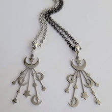 Load image into Gallery viewer, Celestial Moon and Stars Necklace, Your Choice of Gunmetal or Silver Rolo Chain