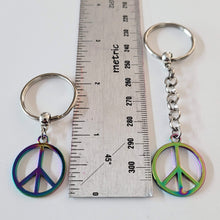 Load image into Gallery viewer, Peace Sign Keychain, Backpack or Purse Charm Zipper Pull, Iridescent Titanium Rainbow Electroplated Hippie Gifts