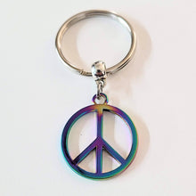 Load image into Gallery viewer, Peace Sign Keychain, Backpack or Purse Charm Zipper Pull, Iridescent Titanium Rainbow Electroplated Hippie Gifts
