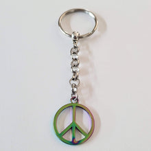 Load image into Gallery viewer, Peace Sign Keychain, Backpack or Purse Charm Zipper Pull, Iridescent Titanium Rainbow Electroplated Hippie Gifts