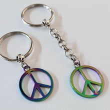 Load image into Gallery viewer, Peace Sign Keychain, Backpack or Purse Charm Zipper Pull, Iridescent Titanium Rainbow Electroplated Hippie Gifts