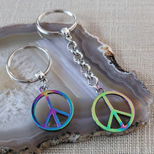 Load image into Gallery viewer, Peace Sign Keychain, Backpack or Purse Charm Zipper Pull, Iridescent Titanium Rainbow Electroplated Hippie Gifts