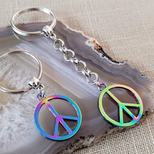 Load image into Gallery viewer, Peace Sign Keychain, Backpack or Purse Charm Zipper Pull, Iridescent Titanium Rainbow Electroplated Hippie Gifts