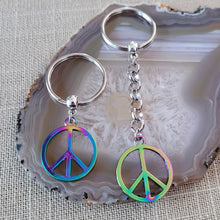 Load image into Gallery viewer, Peace Sign Keychain, Backpack or Purse Charm Zipper Pull, Iridescent Titanium Rainbow Electroplated Hippie Gifts