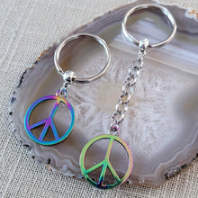 Load image into Gallery viewer, Peace Sign Keychain, Backpack or Purse Charm Zipper Pull, Iridescent Titanium Rainbow Electroplated Hippie Gifts
