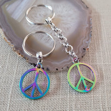 Load image into Gallery viewer, Peace Sign Keychain, Backpack or Purse Charm Zipper Pull, Iridescent Titanium Rainbow Electroplated Hippie Gifts
