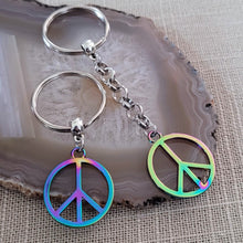 Load image into Gallery viewer, Peace Sign Keychain, Backpack or Purse Charm Zipper Pull, Iridescent Titanium Rainbow Electroplated Hippie Gifts
