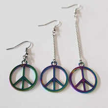 Load image into Gallery viewer, Rainbow Peace Earrings, Your Choice of Three Lengths, Long Dangle Drop Chain Earrings, Anodized Titanium Oil Slick Iridescent Jewelry