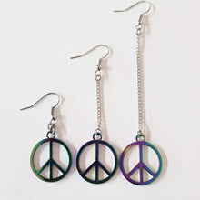 Load image into Gallery viewer, Rainbow Peace Earrings, Your Choice of Three Lengths, Long Dangle Drop Chain Earrings, Anodized Titanium Oil Slick Iridescent Jewelry