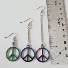 Load image into Gallery viewer, Rainbow Peace Earrings, Your Choice of Three Lengths, Long Dangle Drop Chain Earrings, Anodized Titanium Oil Slick Iridescent Jewelry