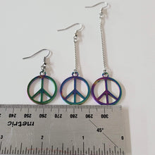 Load image into Gallery viewer, Rainbow Peace Earrings, Your Choice of Three Lengths, Long Dangle Drop Chain Earrings, Anodized Titanium Oil Slick Iridescent Jewelry