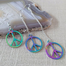 Load image into Gallery viewer, Rainbow Peace Earrings, Your Choice of Three Lengths, Long Dangle Drop Chain Earrings, Anodized Titanium Oil Slick Iridescent Jewelry