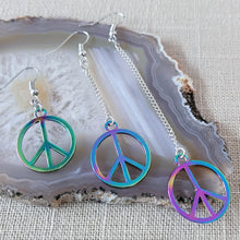 Load image into Gallery viewer, Rainbow Peace Earrings, Your Choice of Three Lengths, Long Dangle Drop Chain Earrings, Anodized Titanium Oil Slick Iridescent Jewelry