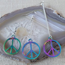 Load image into Gallery viewer, Rainbow Peace Earrings, Your Choice of Three Lengths, Long Dangle Drop Chain Earrings, Anodized Titanium Oil Slick Iridescent Jewelry