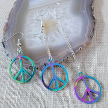 Load image into Gallery viewer, Rainbow Peace Earrings, Your Choice of Three Lengths, Long Dangle Drop Chain Earrings, Anodized Titanium Oil Slick Iridescent Jewelry