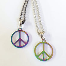 Load image into Gallery viewer, Anodized Titanium Peace Sign Necklace, Your Choice of Rolo Chain, Rainbow Iridescent Mixed Metals Jewelry, Oil Slick Peace Sign Jewelry