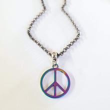 Load image into Gallery viewer, Anodized Titanium Peace Sign Necklace, Your Choice of Rolo Chain, Rainbow Iridescent Mixed Metals Jewelry, Oil Slick Peace Sign Jewelry