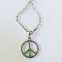 Load image into Gallery viewer, Anodized Titanium Peace Sign Necklace, Your Choice of Rolo Chain, Rainbow Iridescent Mixed Metals Jewelry, Oil Slick Peace Sign Jewelry