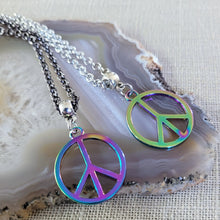 Load image into Gallery viewer, Anodized Titanium Peace Sign Necklace, Your Choice of Rolo Chain, Rainbow Iridescent Mixed Metals Jewelry, Oil Slick Peace Sign Jewelry