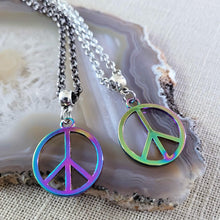 Load image into Gallery viewer, Anodized Titanium Peace Sign Necklace, Your Choice of Rolo Chain, Rainbow Iridescent Mixed Metals Jewelry, Oil Slick Peace Sign Jewelry