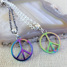 Load image into Gallery viewer, Anodized Titanium Peace Sign Necklace, Your Choice of Rolo Chain, Rainbow Iridescent Mixed Metals Jewelry, Oil Slick Peace Sign Jewelry