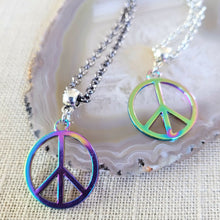 Load image into Gallery viewer, Anodized Titanium Peace Sign Necklace, Your Choice of Rolo Chain, Rainbow Iridescent Mixed Metals Jewelry, Oil Slick Peace Sign Jewelry