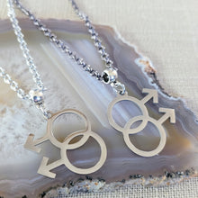 Load image into Gallery viewer, Gay Male Necklace, Your Choice of Gunmetal or Silver Rolo Chain, Gifts for Gay Men, LGBTQIA Jewelry