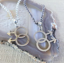 Load image into Gallery viewer, Gay Male Necklace, Your Choice of Gunmetal or Silver Rolo Chain, Gifts for Gay Men, LGBTQIA Jewelry