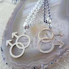 Load image into Gallery viewer, Gay Male Necklace, Your Choice of Gunmetal or Silver Rolo Chain, Gifts for Gay Men, LGBTQIA Jewelry