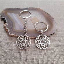 Load image into Gallery viewer, Flower of Life Keychain, Key Ring or Zipper Pull, Silver Backpack or Purse Charms