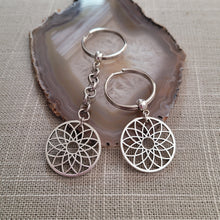 Load image into Gallery viewer, Flower of Life Keychain, Key Ring or Zipper Pull, Silver Backpack or Purse Charms