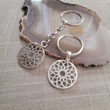 Load image into Gallery viewer, Flower of Life Keychain, Key Ring or Zipper Pull, Silver Backpack or Purse Charms