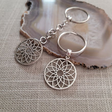 Load image into Gallery viewer, Flower of Life Keychain, Key Ring or Zipper Pull, Silver Backpack or Purse Charms