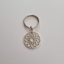 Load image into Gallery viewer, Flower of Life Keychain, Key Ring or Zipper Pull, Silver Backpack or Purse Charms