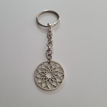 Load image into Gallery viewer, Flower of Life Keychain, Key Ring or Zipper Pull, Silver Backpack or Purse Charms