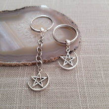 Load image into Gallery viewer, Moon and Star Keychain, Key Ring or Zipper Pull, Silver Backpack or Purse Charms
