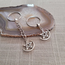Load image into Gallery viewer, Moon and Star Keychain, Key Ring or Zipper Pull, Silver Backpack or Purse Charms
