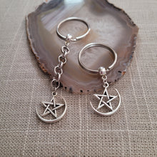 Load image into Gallery viewer, Moon and Star Keychain, Key Ring or Zipper Pull, Silver Backpack or Purse Charms