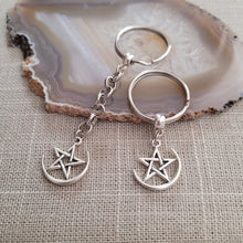 Load image into Gallery viewer, Moon and Star Keychain, Key Ring or Zipper Pull, Silver Backpack or Purse Charms