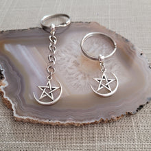 Load image into Gallery viewer, Moon and Star Keychain, Key Ring or Zipper Pull, Silver Backpack or Purse Charms