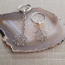 Load image into Gallery viewer, Chrysanthemum Keychain Key Ring or Zipper Pull, Silver Backpack or Purse Charms