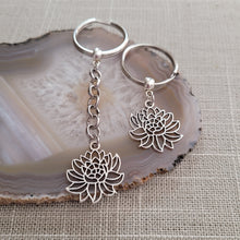 Load image into Gallery viewer, Chrysanthemum Keychain Key Ring or Zipper Pull, Silver Backpack or Purse Charms