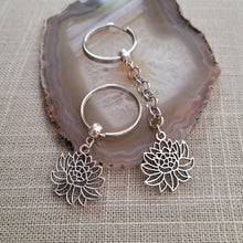 Load image into Gallery viewer, Chrysanthemum Keychain Key Ring or Zipper Pull, Silver Backpack or Purse Charms