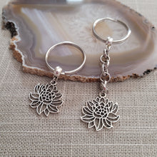 Load image into Gallery viewer, Chrysanthemum Keychain Key Ring or Zipper Pull, Silver Backpack or Purse Charms