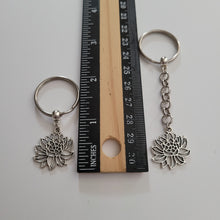 Load image into Gallery viewer, Chrysanthemum Keychain Key Ring or Zipper Pull, Silver Backpack or Purse Charms