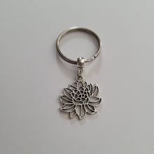 Load image into Gallery viewer, Chrysanthemum Keychain Key Ring or Zipper Pull, Silver Backpack or Purse Charms
