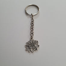Load image into Gallery viewer, Chrysanthemum Keychain Key Ring or Zipper Pull, Silver Backpack or Purse Charms