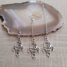 Load image into Gallery viewer, Rocketship Earrings, Space Jewelry in Your Choice of Three Lengths, Dangle Long Chain Earrings